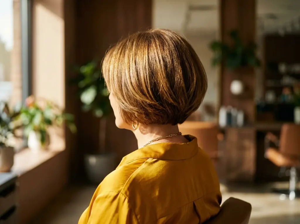 Mulher em 3/4 exibindo corte bob moderno que rejuvenesce, luz quente de janela, estilo editorial.