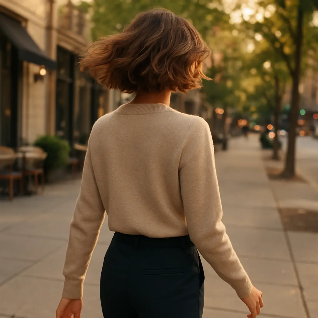 Mulher de 3/4 e de costas caminhando em rua urbana, cabelo recém-cortado em movimento ao vento.