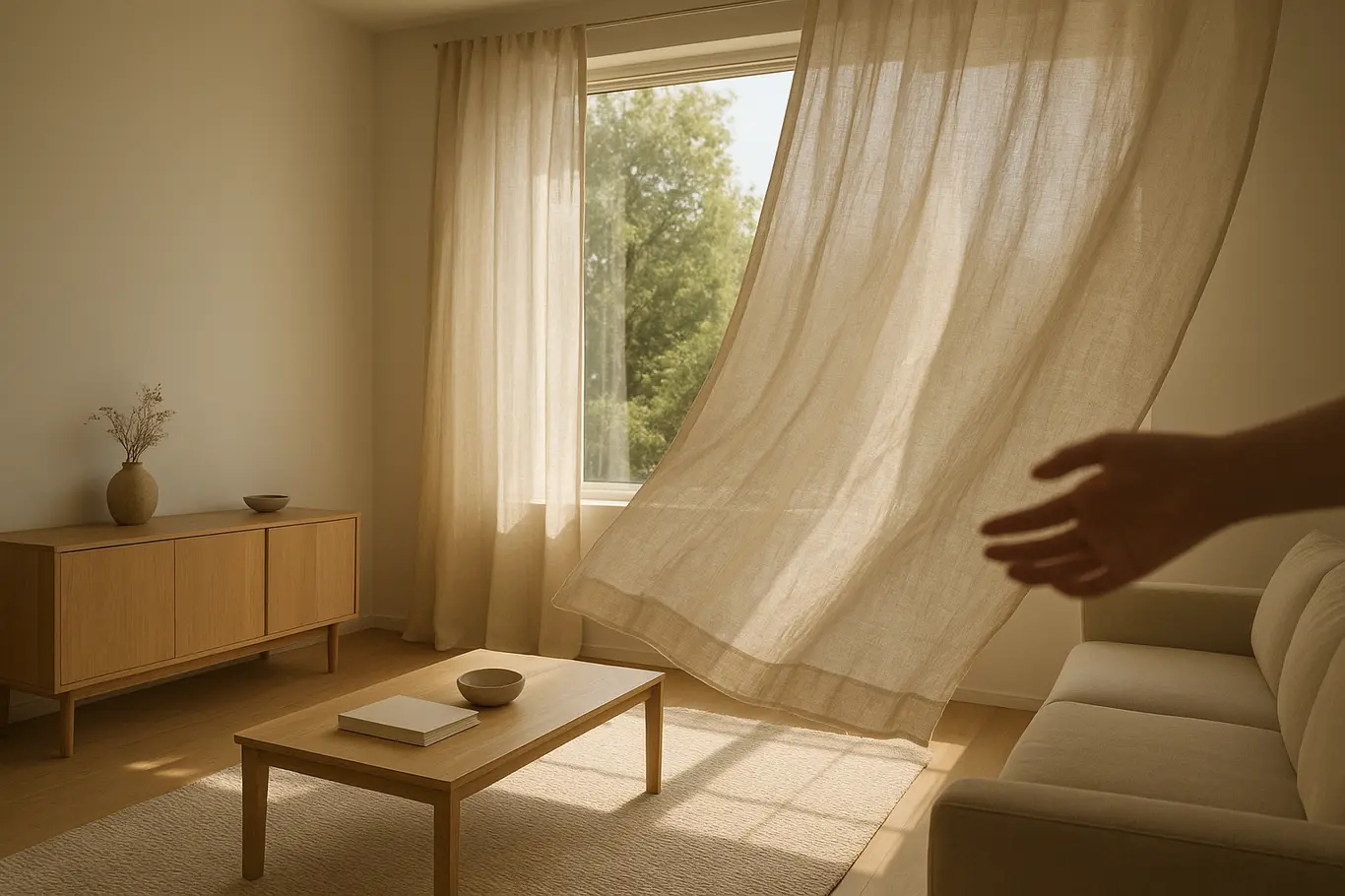Quarto moderno com cortina de linho esvoaçando, luz entrando pela janela e móveis claros.