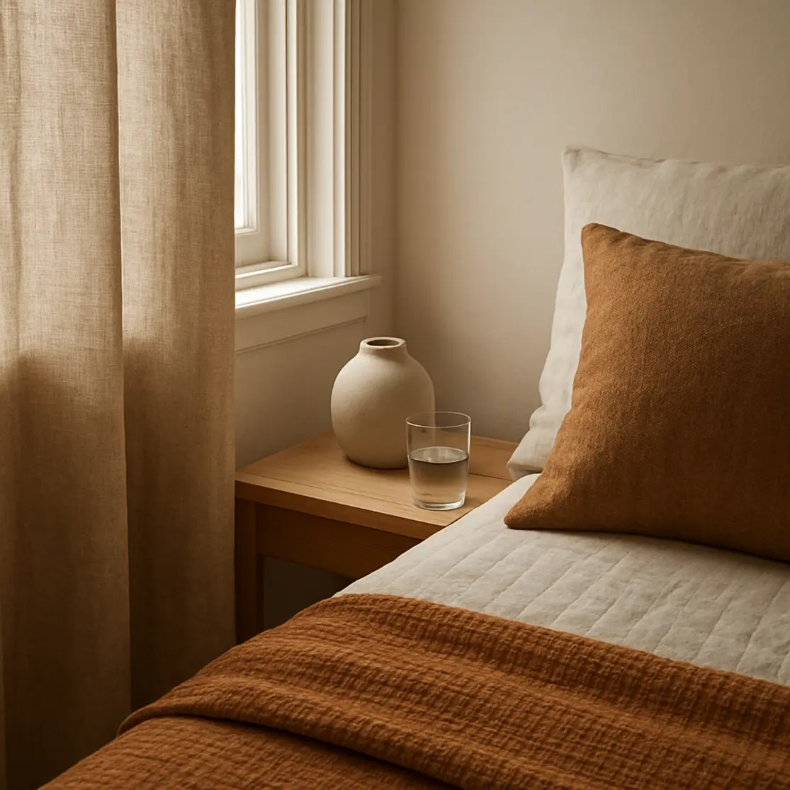 Detalhe da textura da cortina de linho, barra costurada e lateral da cama com objetos de cabeceira.