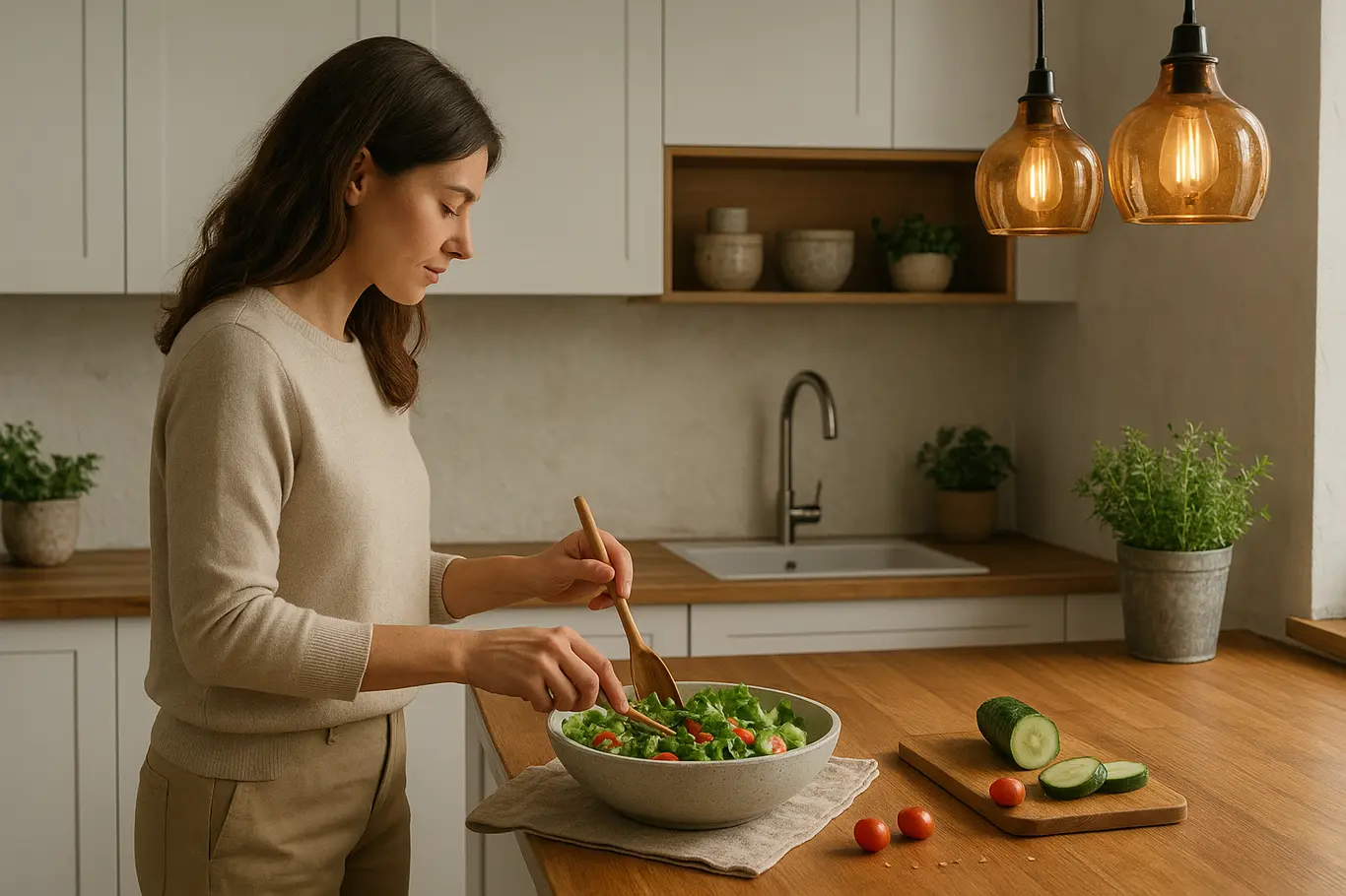 Pessoa de perfil preparando salada em cozinha branca moderna com prateleiras abertas e iluminação quente