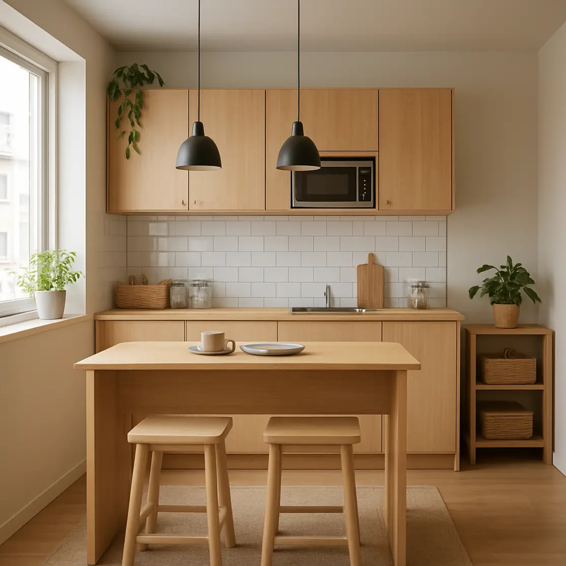 Ambiente integrado com cozinha pequena planejada e ilha multifuncional