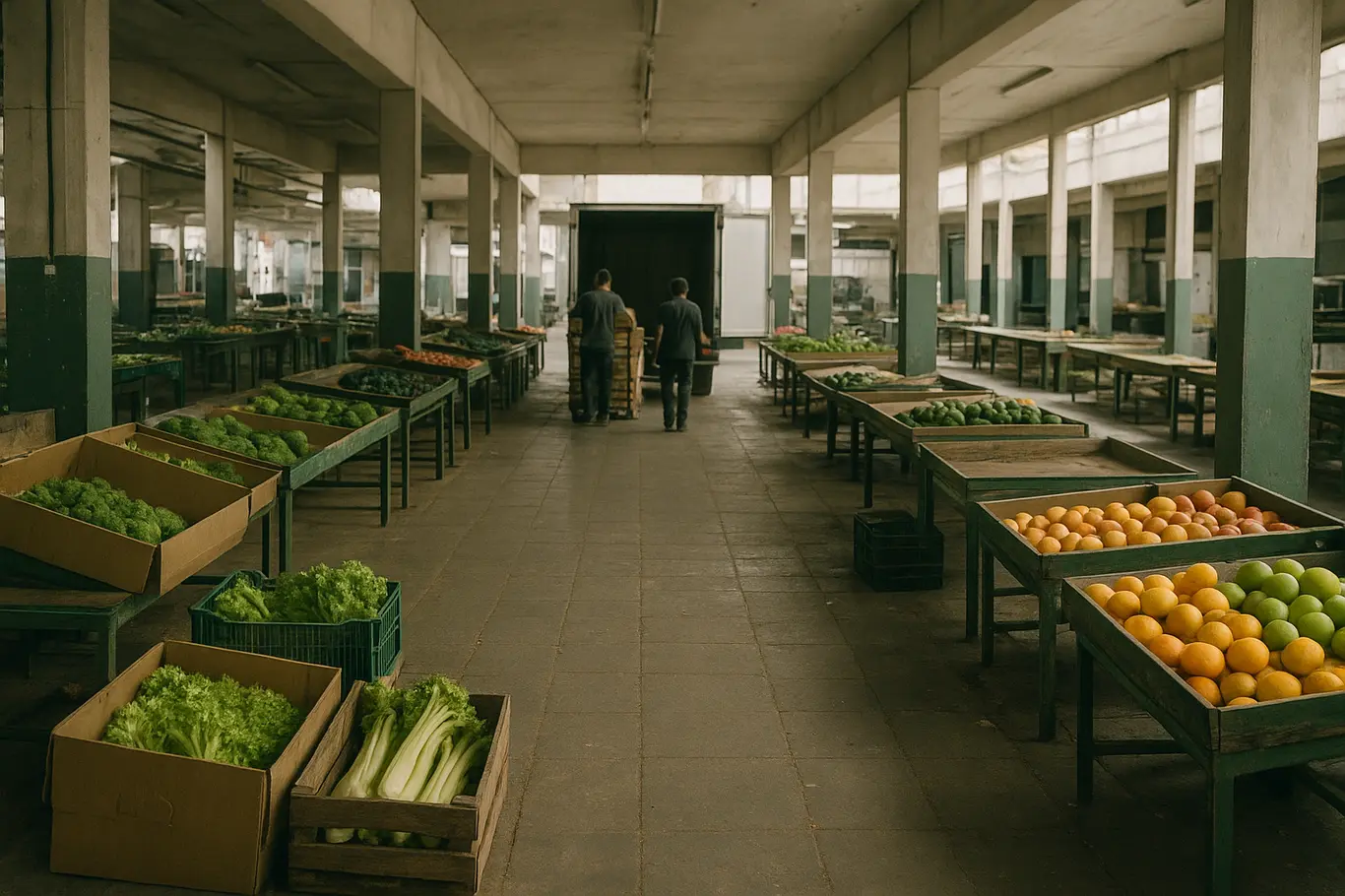 Entreposto de alimentos no DF com corredores parcialmente vazios e caixas abertas