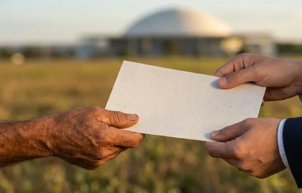 Mãos de agricultor e assessor trocando contrato com Congresso desfocado ao fundo