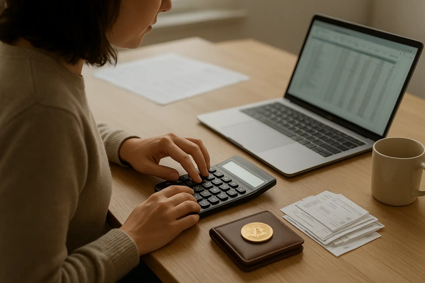 Pessoa em 3/4 calculando impostos com laptop, carteira de hardware e recibos sobre a mesa
