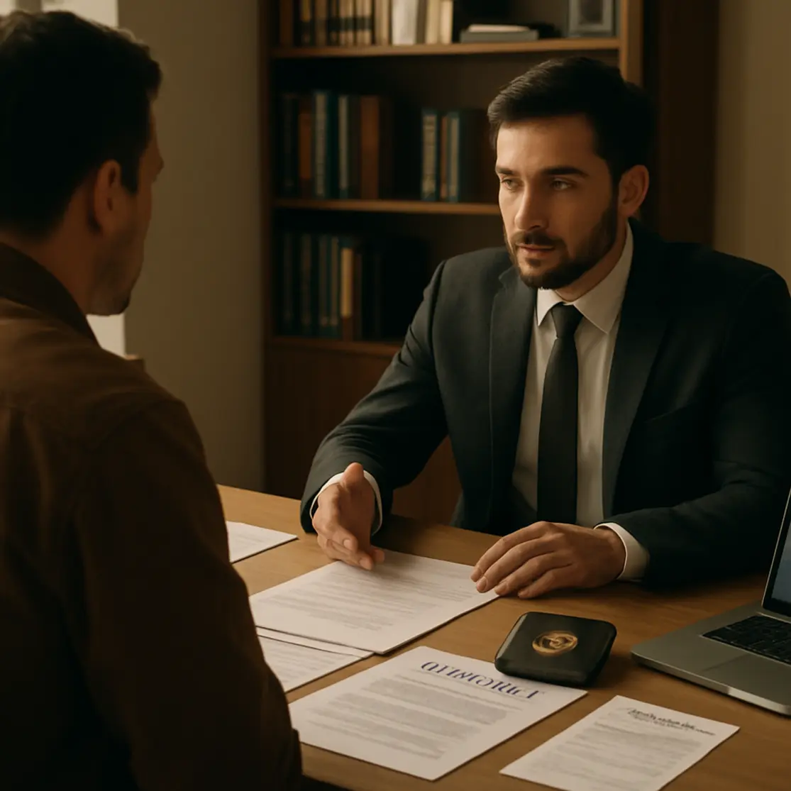 Escritório de contabilidade com assessor em perfil consultando cliente, mesa com documentos e carteira de criptomoedas