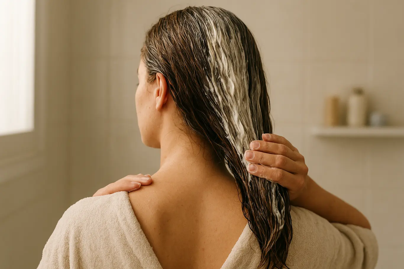 Costas de pessoa aplicando máscara proteica em mechas, ambiente de banheiro com luz natural