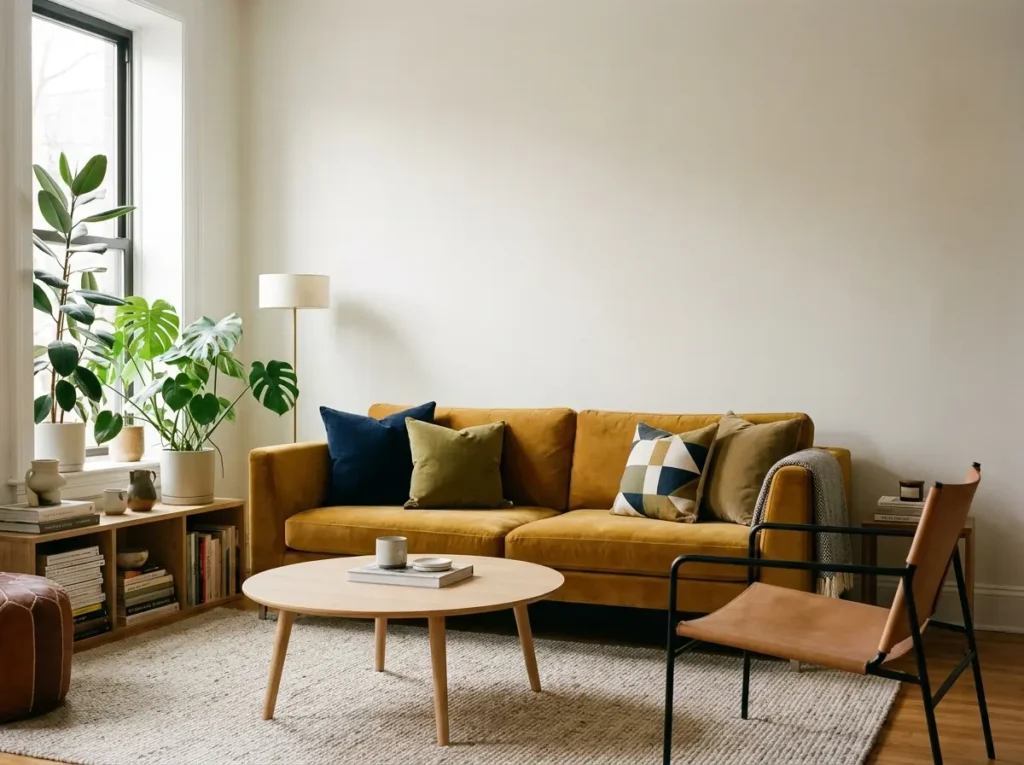 Sala pequena com sofá mostarda, mesa de centro e plantas, composição de alto impacto