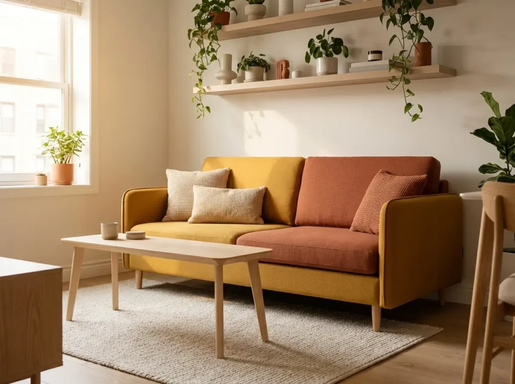 Sala de estar compacta com sofá-cama moderno e paleta quente