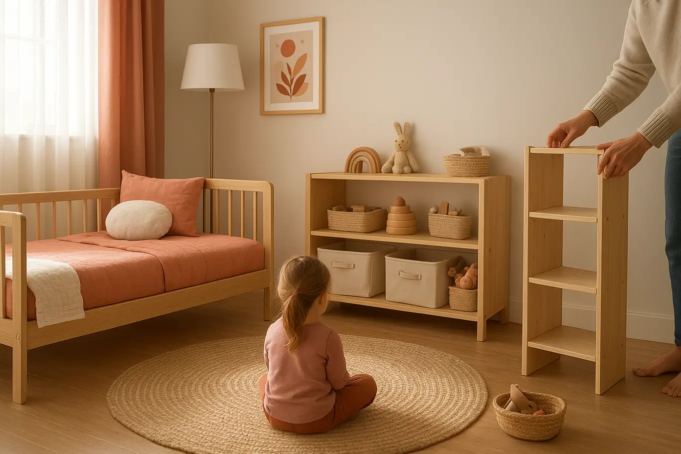 Visão ampla do quarto mostrando móveis modulares, tapete e criança sentada de costas, enfoque na paleta rosa e materiais duráveis