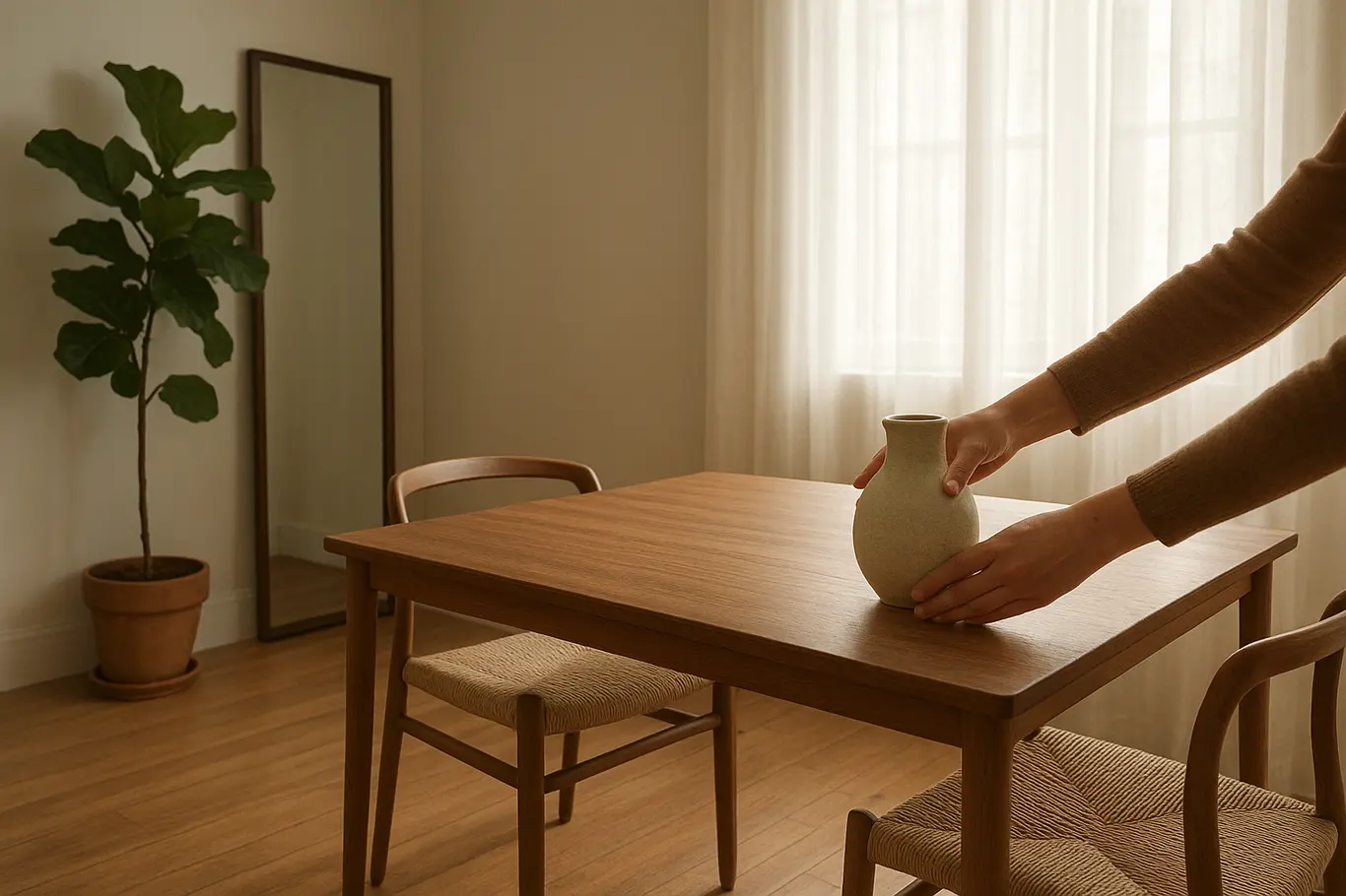Vista ampla de sala de jantar pequena moderna com espelho, mesa slim e mãos colocando um vaso