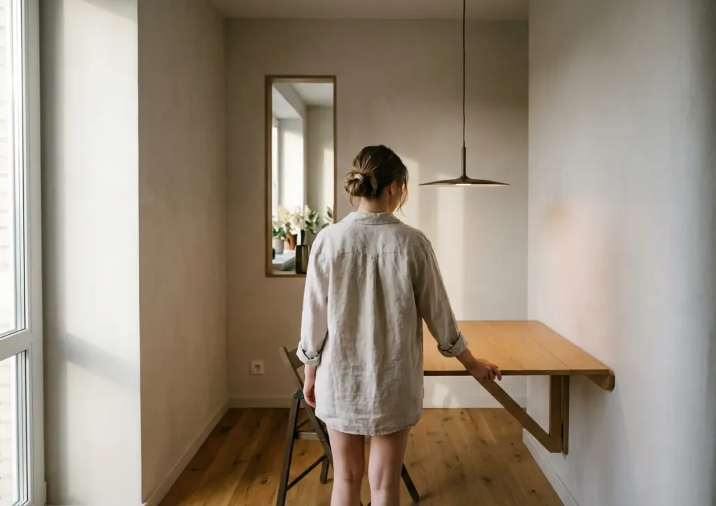 Mulher de costas tocando mesa dobrável discreta que amplia sala de jantar pequena