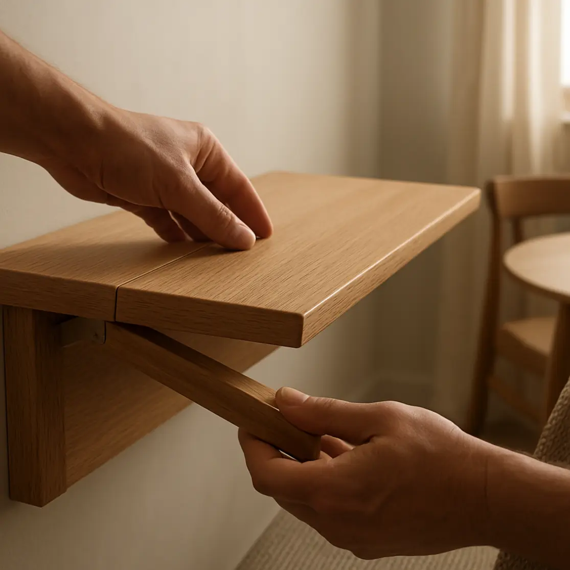 Detalhe das mãos abrindo a folha de mesa dobrável de parede em sala de jantar pequena