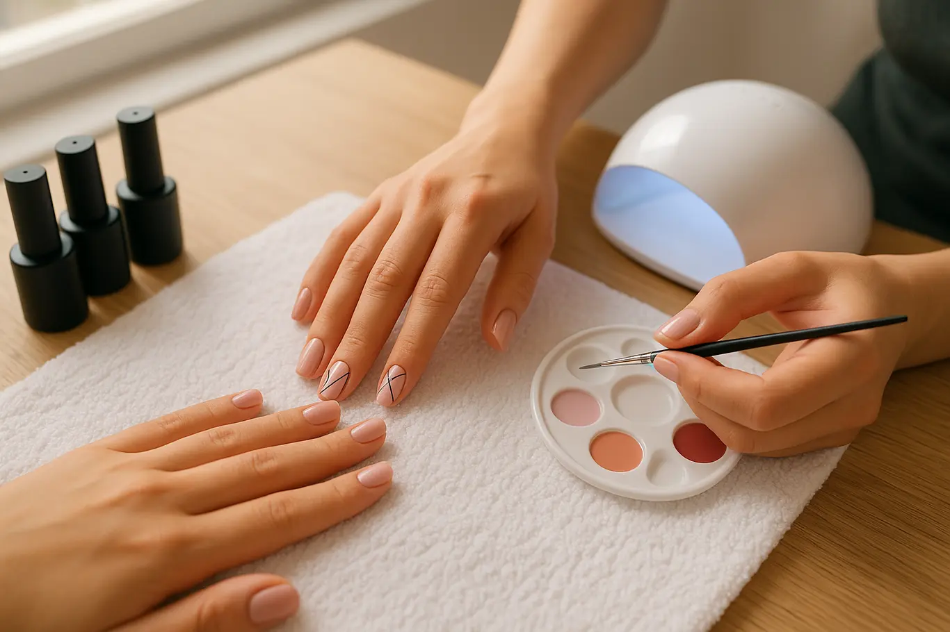 Estação de manicure com mãos aplicando desenho geométrico em gel
