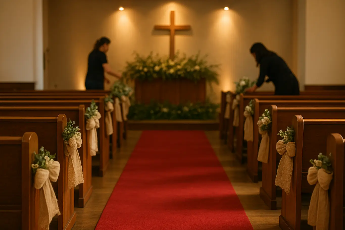 Nave lateral decorada com laços e arranjos florais