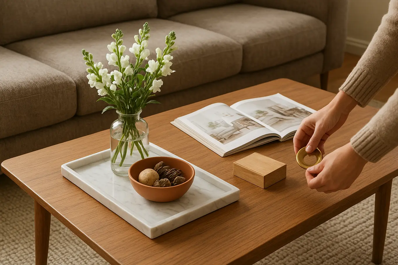 Plano médio da mesinha de centro com bandeja, flores e mãos ajustando um objeto