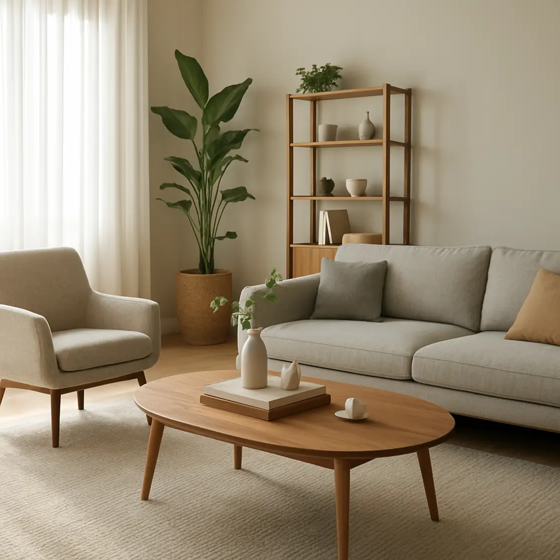 Vista ampla da sala com mesinha de centro decorada, sofá, poltrona e plantas junto à janela