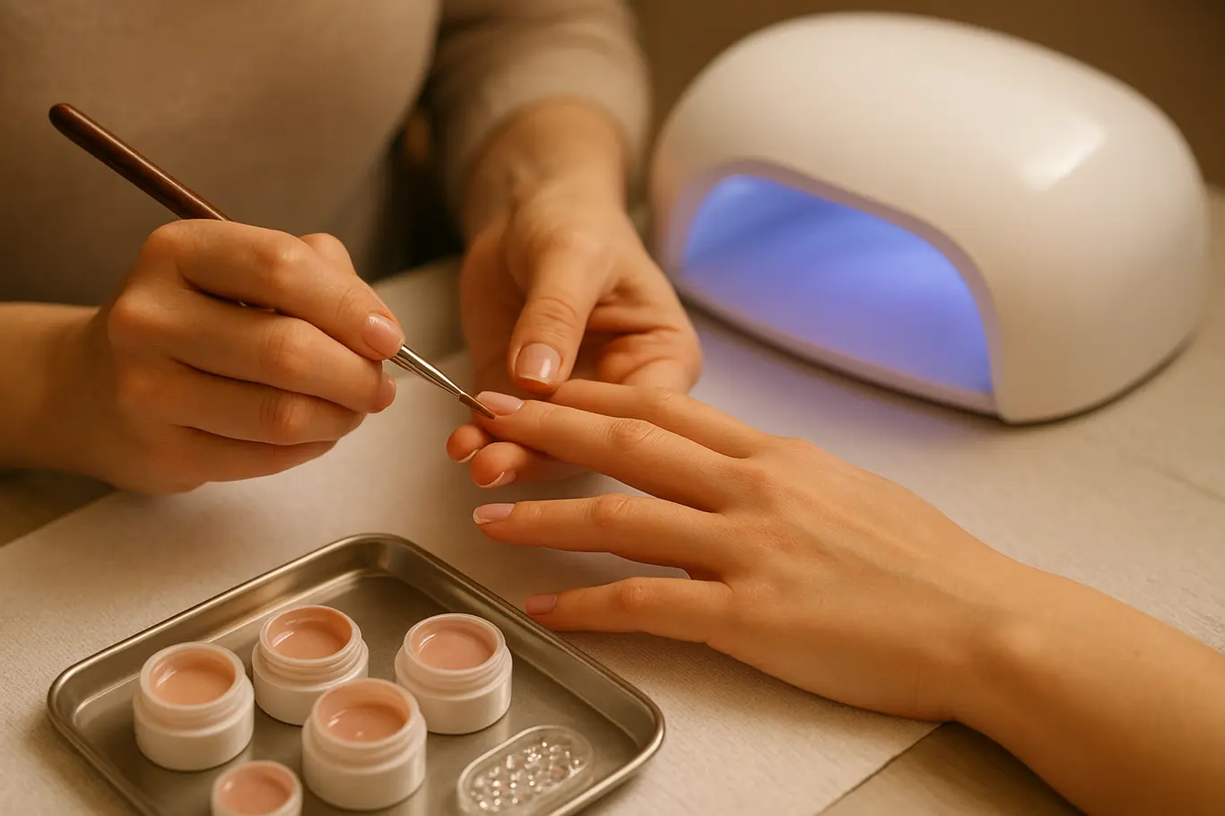 Manicure aplicando detalhes com pincel em unhas de gel, lâmpada UV e potes de gel ao lado, tomada lateral.