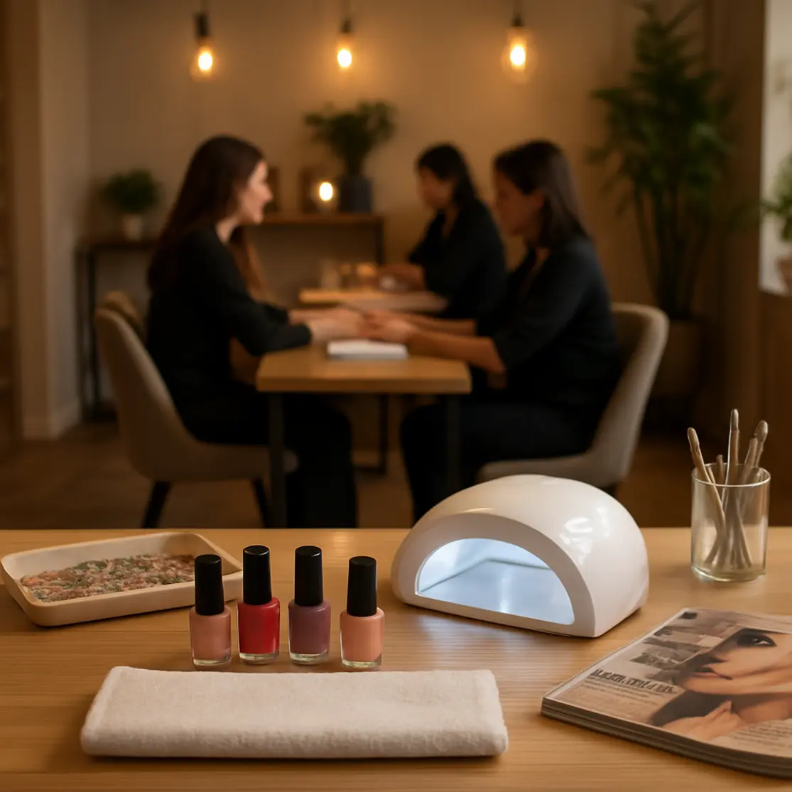 Visão ampla de salão de manicure com mesa de trabalho, lâmpada UV, bandeja com ornamentos e profissionais ao fundo desfocados.