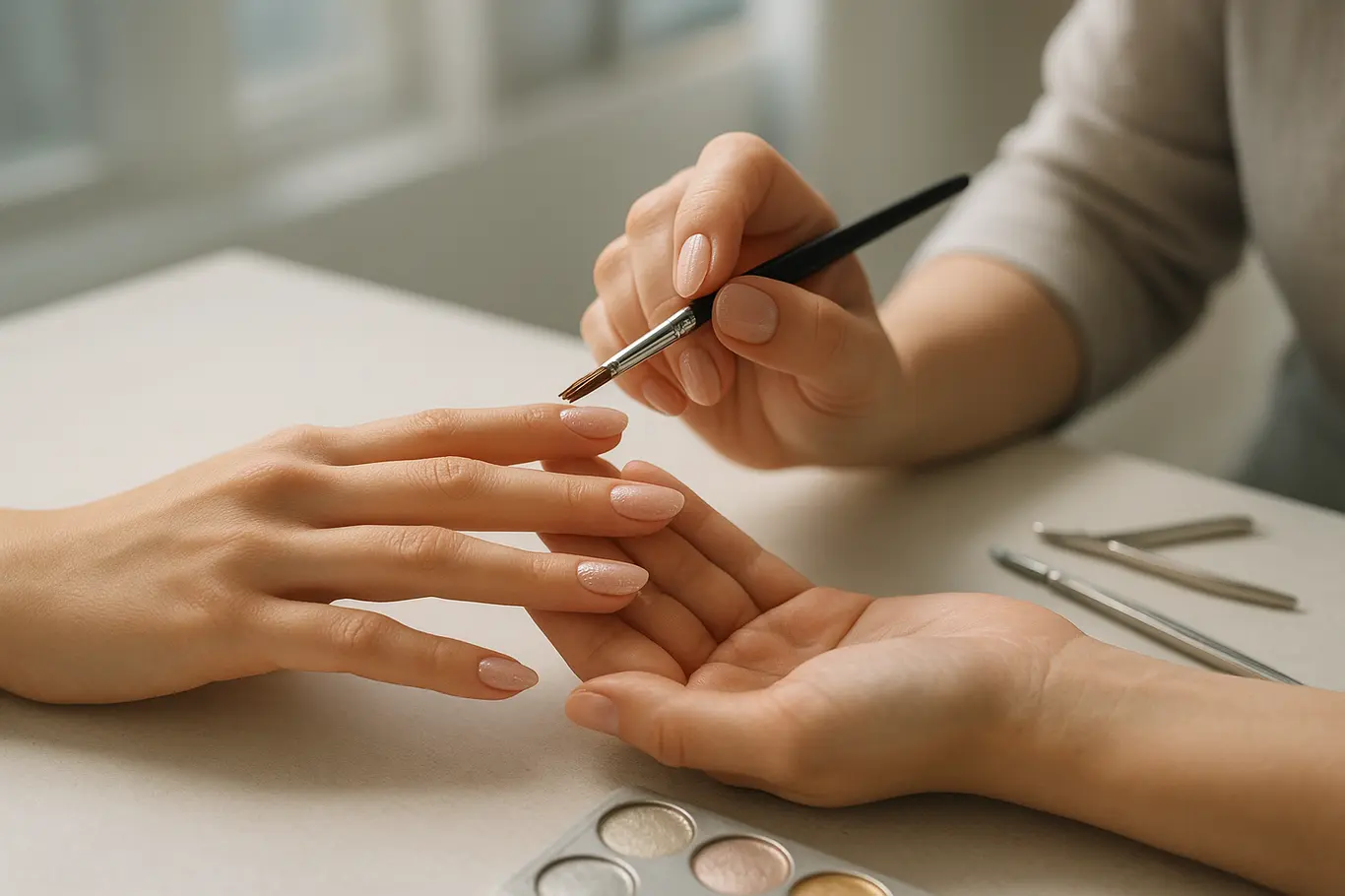 Técnico aplicando manutenção em unhas em gel delicadas, cena editorial em salão