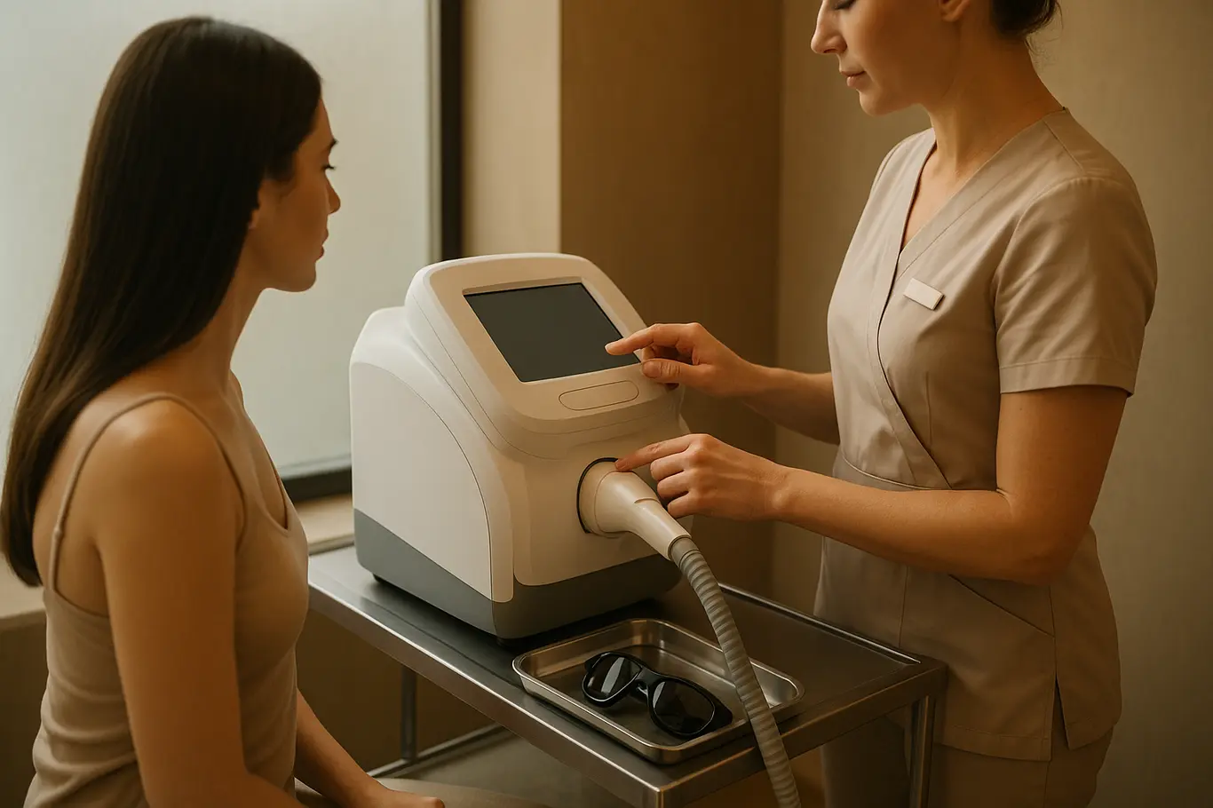 Técnica ajustando aparelho de depilação a laser enquanto paciente de perfil aguarda, ambiente de clínica moderno.