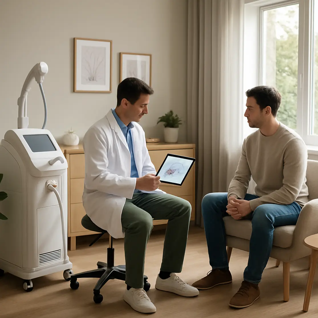 Sala de clínica estética com profissional consultando tablet e equipamento de depilação a laser ao lado, ambiente acolhedor e iluminado.