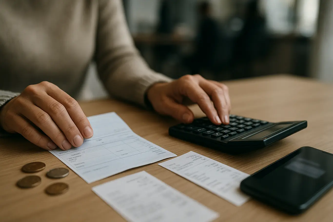 Detalhe de mãos, contracheque, calculadora e moedas sobre mesa