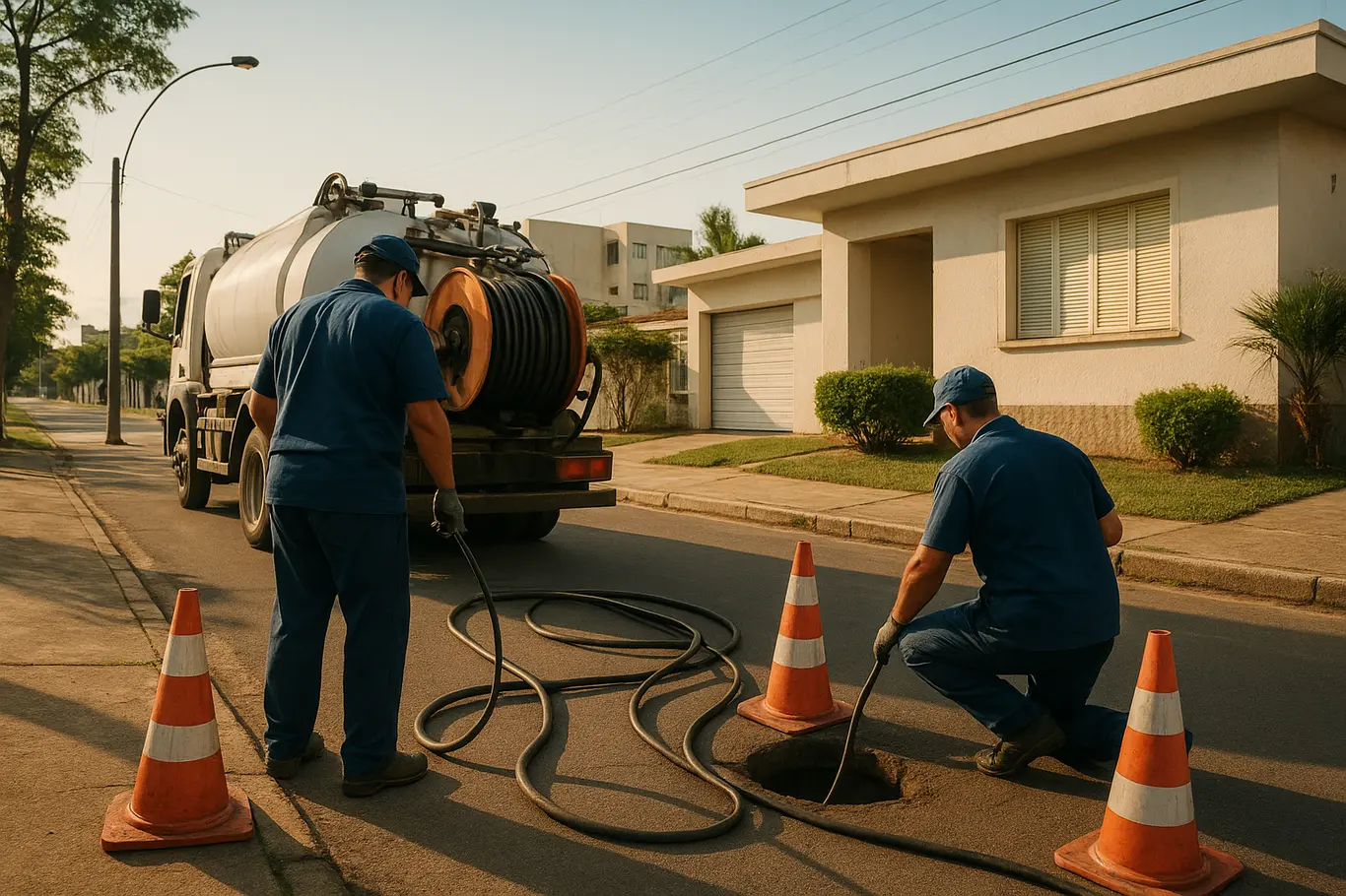 Equipe de desentupidora trabalhando em rua residencial de Brasília com caminhão e mangueiras