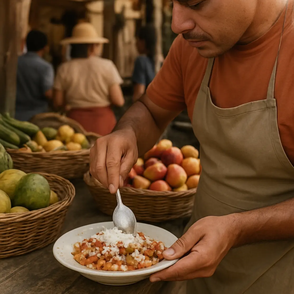 Vendedor em 3/4 preparando comida em barraca de mercado com cestos de frutas ao redor