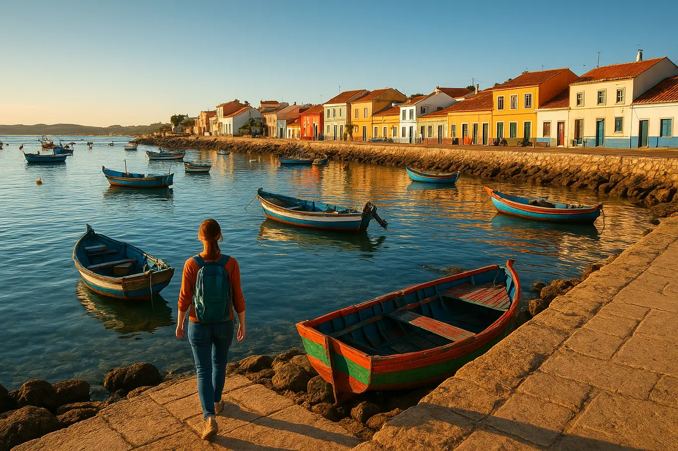 Enseada com barcos ancorados e viajante caminhando ao longe, vista ampla que ressalta o cenário acessível para viagens em maio