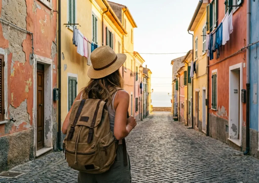 Viajante de 3/4 em rua colorida de paralelepípedo ao entardecer, cenário vibrante que sugere destinos baratos em maio