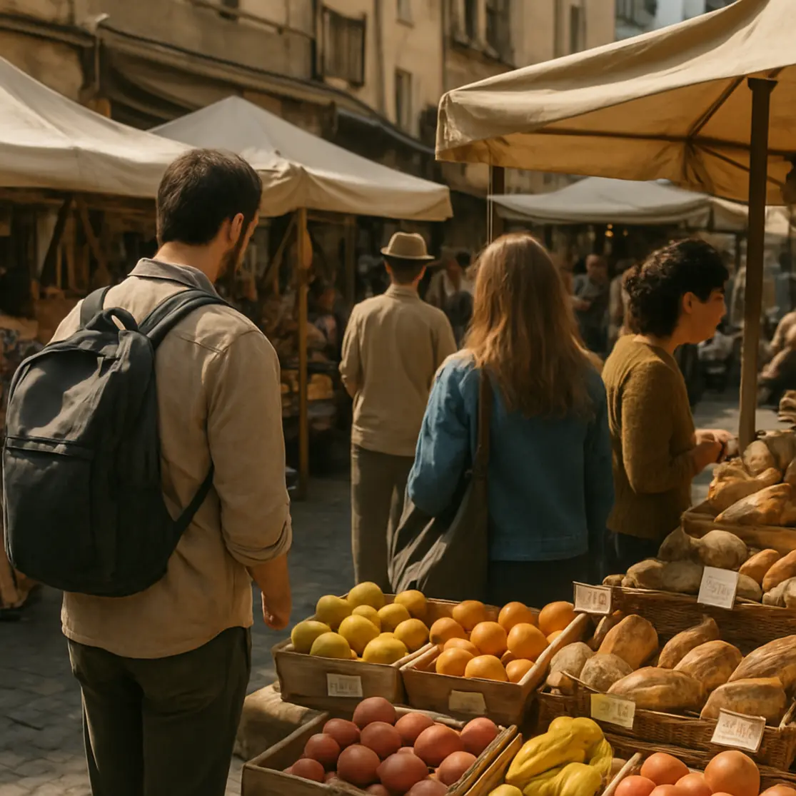 Feira de rua com barracas de alimentos e artesanato, visitantes em perfil em ambiente acolhedor que sugere viagens econômicas