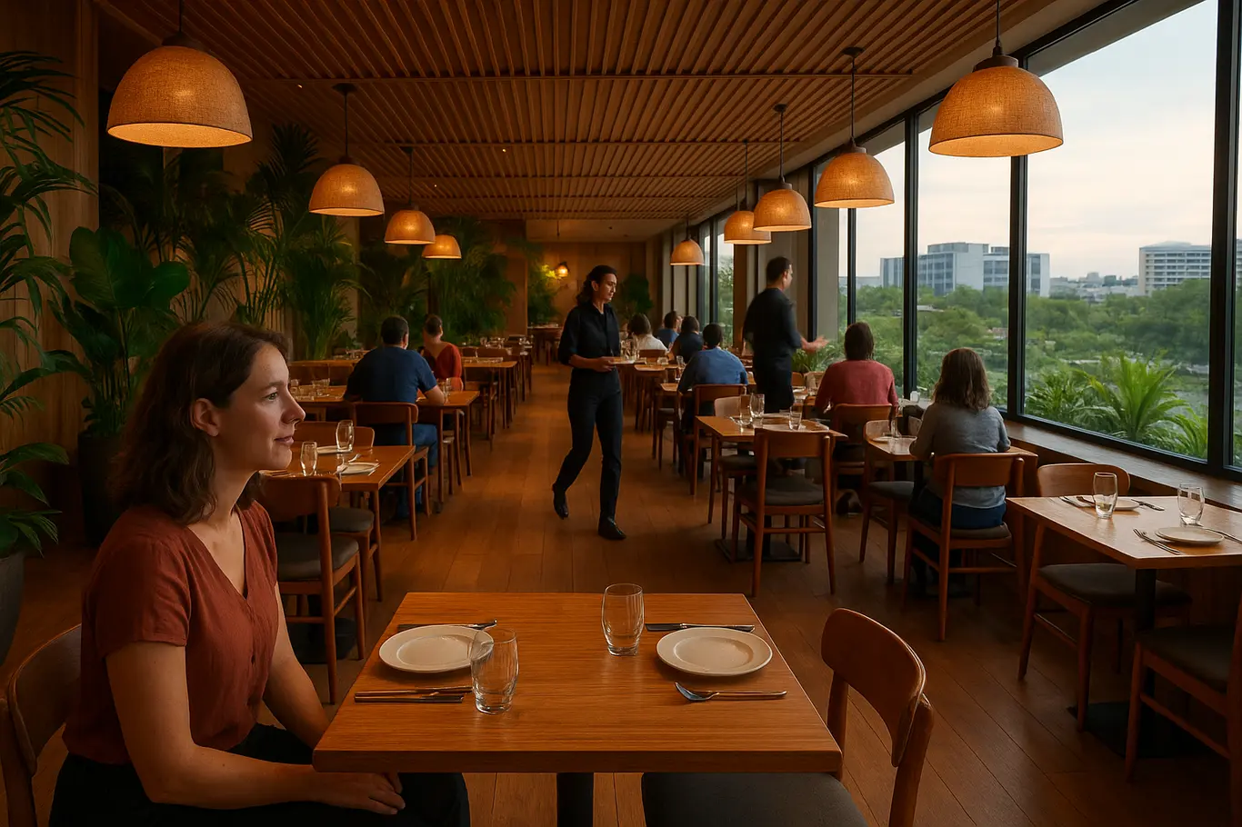 Salão amplo de restaurante em Brasília com mesas e movimento de serviço, vista parcial da cidade