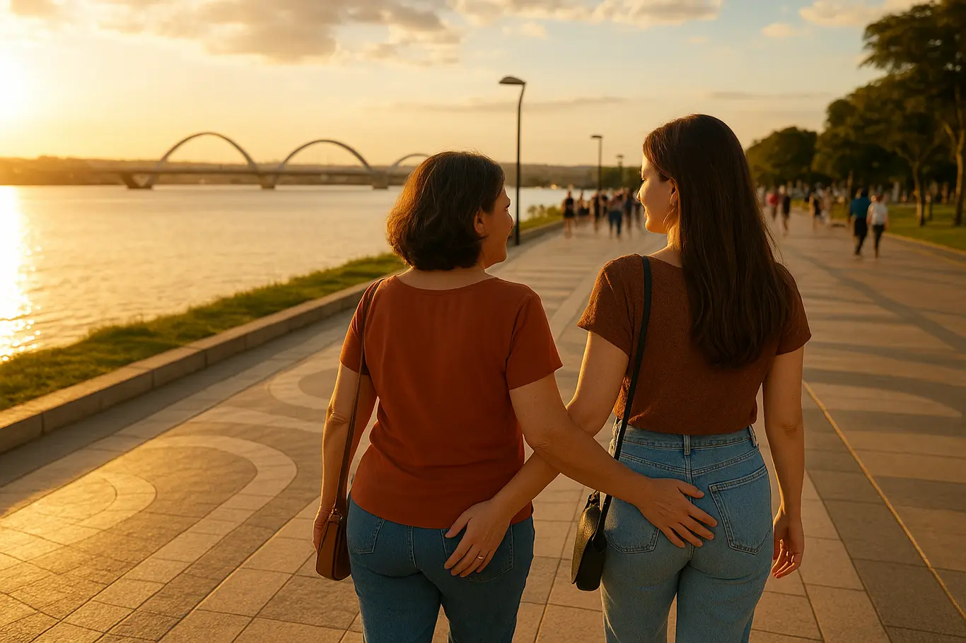 Mãe e filha caminhando lado a lado no calçadão do Pontão do Lago Sul com a Ponte JK e o lago ao fundo
