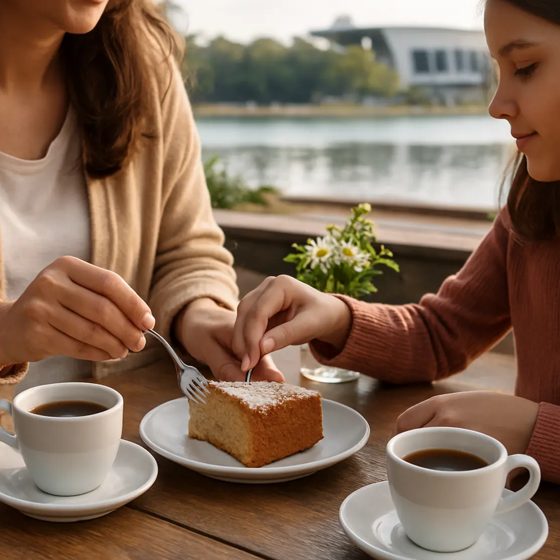 Mesa de café ao ar livre com mãos partilhando bolo e xícaras, vista desfocada do Lago Paranoá ao fundo