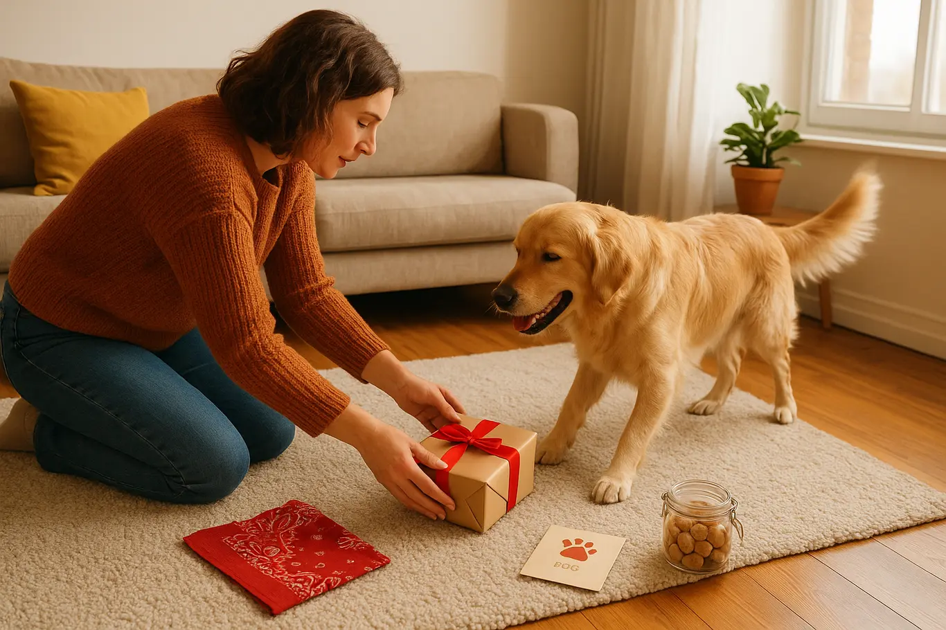 Cena ampla lateral de mãe em perfil colocando presente no chão e cachorro curioso