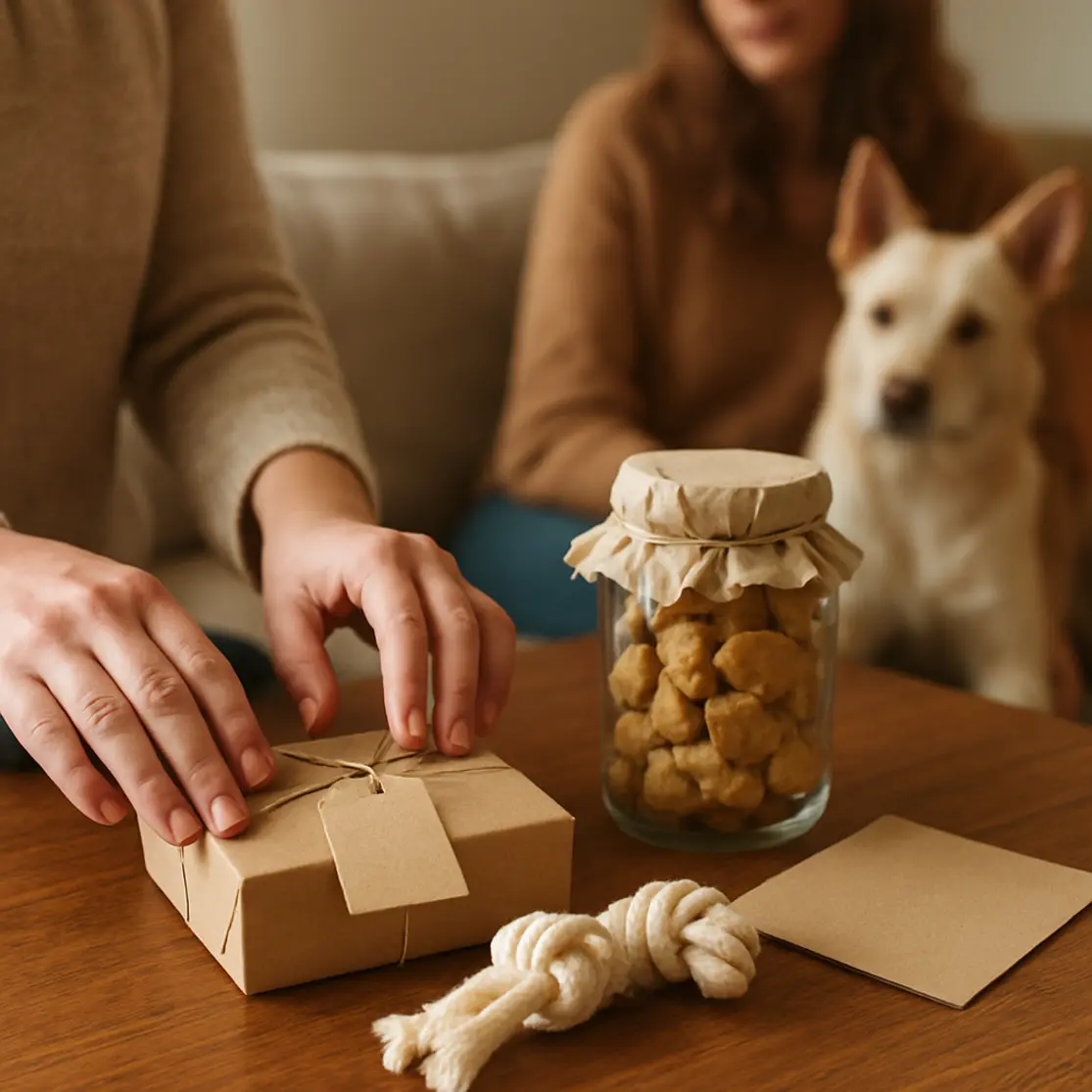 Mesa de centro com presentes artesanais e itens para pet, mãos arrumando a composição