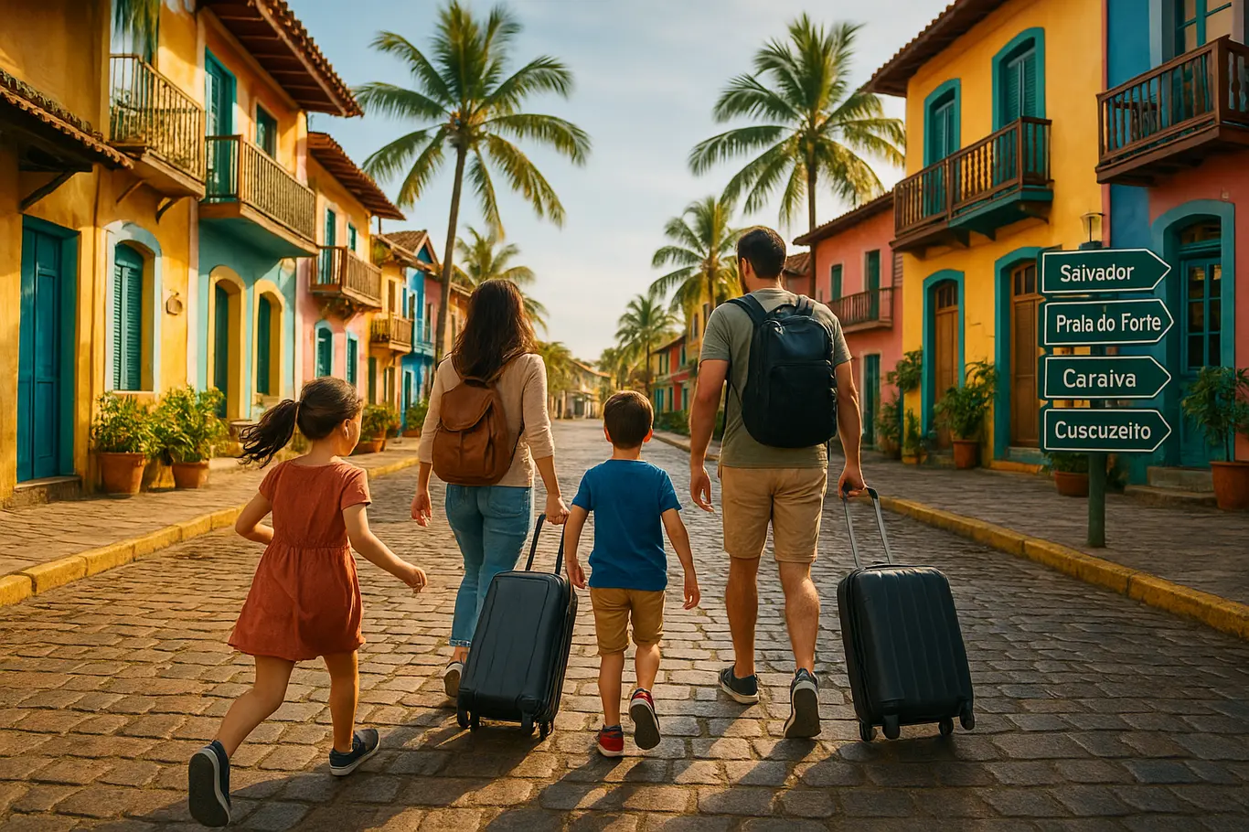 Família de costas caminhando por rua colorida de cidade litorânea brasileira com malas
