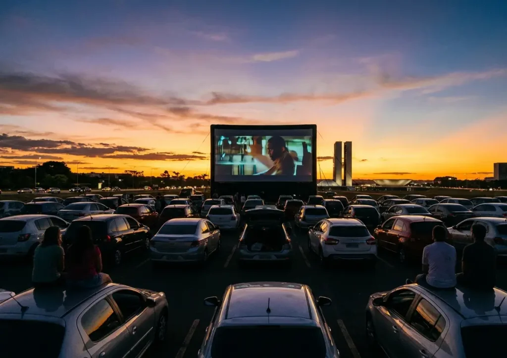 Drive-in em Brasília ao entardecer com fileiras de carros e tela de projeção, silhueta do Congresso ao fundo