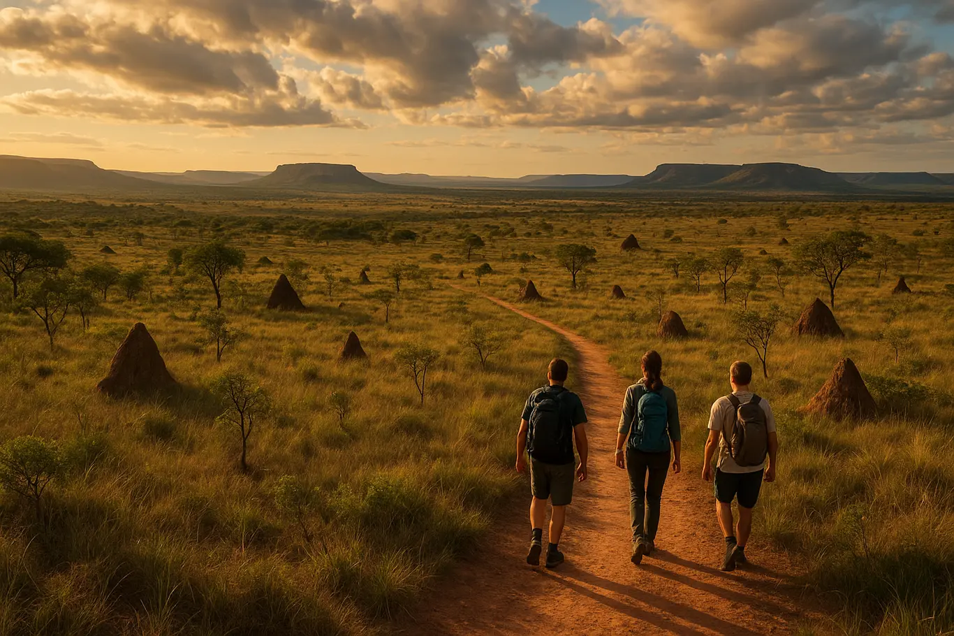 Vista ampla do Cerrado com trilha sinuosa e três caminhantes de costas, céu dourado