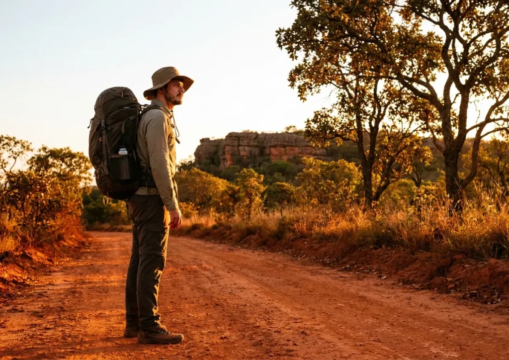 Turista de 3/4 em trilha do Cerrado ao entardecer, com mochila e chapéu, paisagem rochosa ao fundo