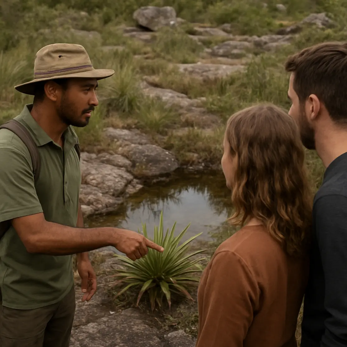 Guia local em 3/4 mostrando planta nativa perto de uma poça em rochas do Cerrado