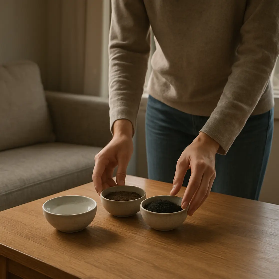 Três recipientes com vinagre, café e carvão ativo sobre mesa, mãos posicionando-os perto da janela