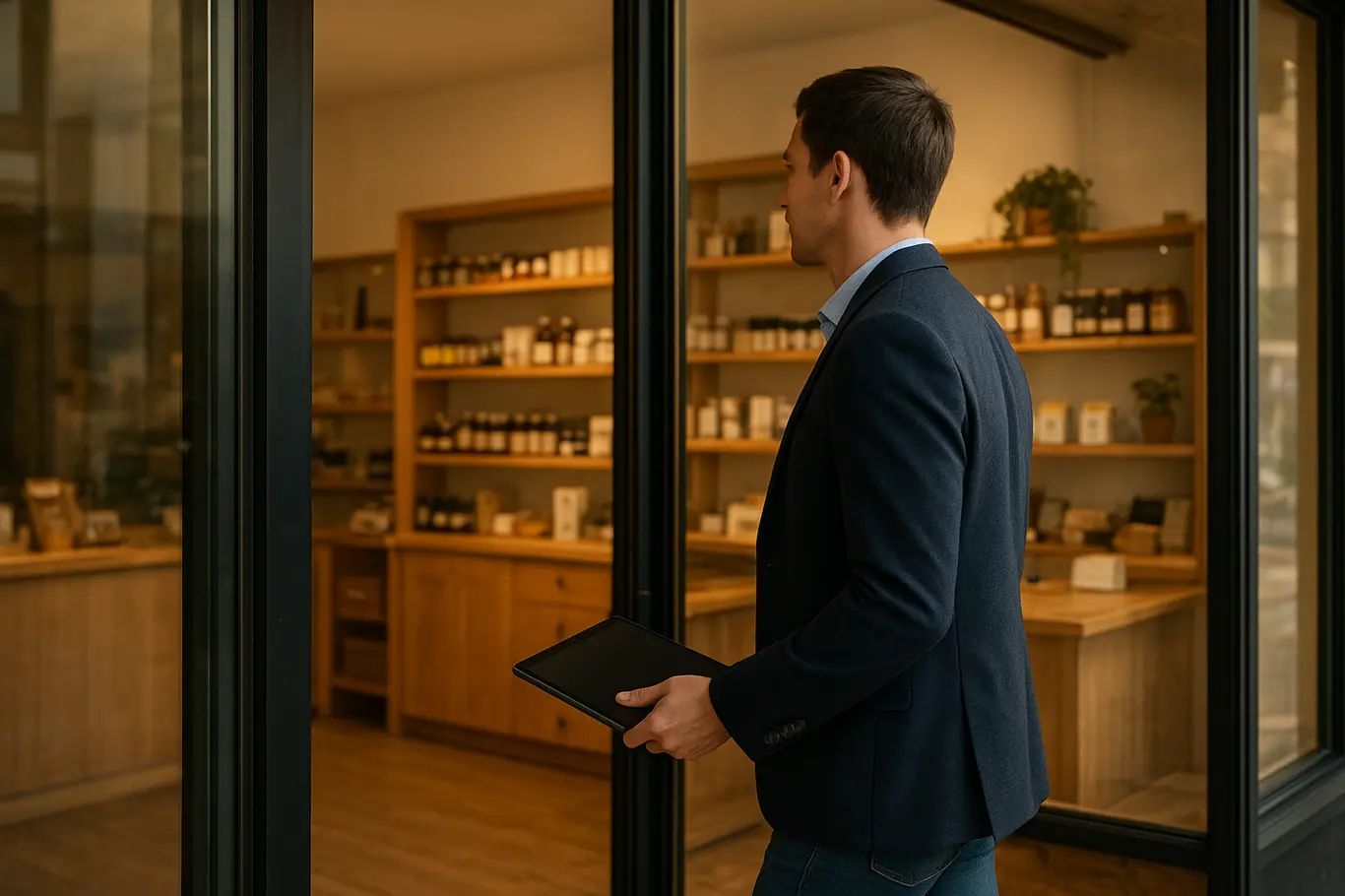Empreendedora de perfil entrando em loja com tablet na mão, interior iluminado