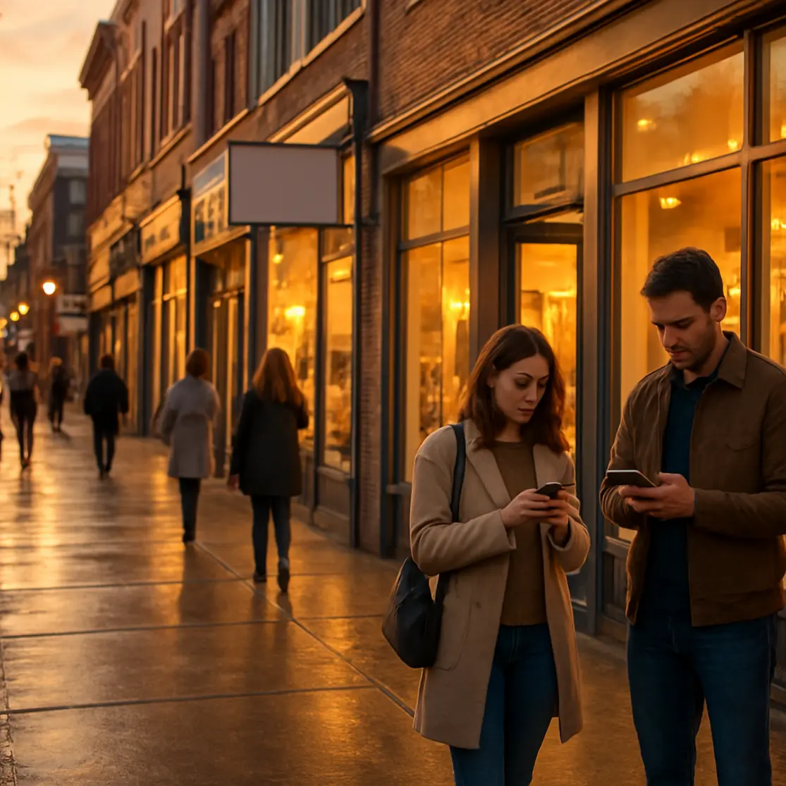 Rua comercial ao entardecer com vitrines iluminadas e pessoas caminhando