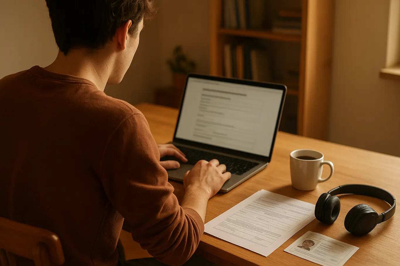 Jovem em escrivaninha com notebook e documentos organizados para inscrição