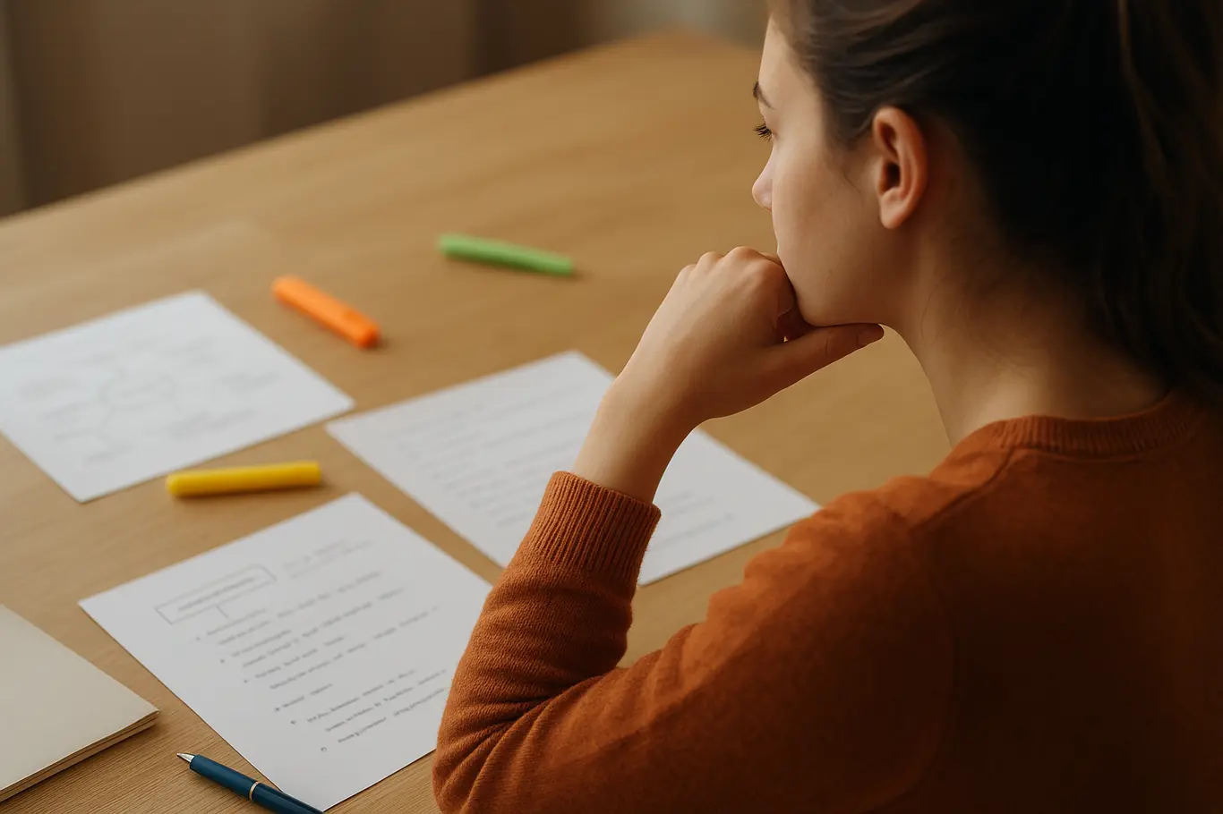 Estudante vista de trás e à esquerda trabalhando rascunhos e esboço de proposta