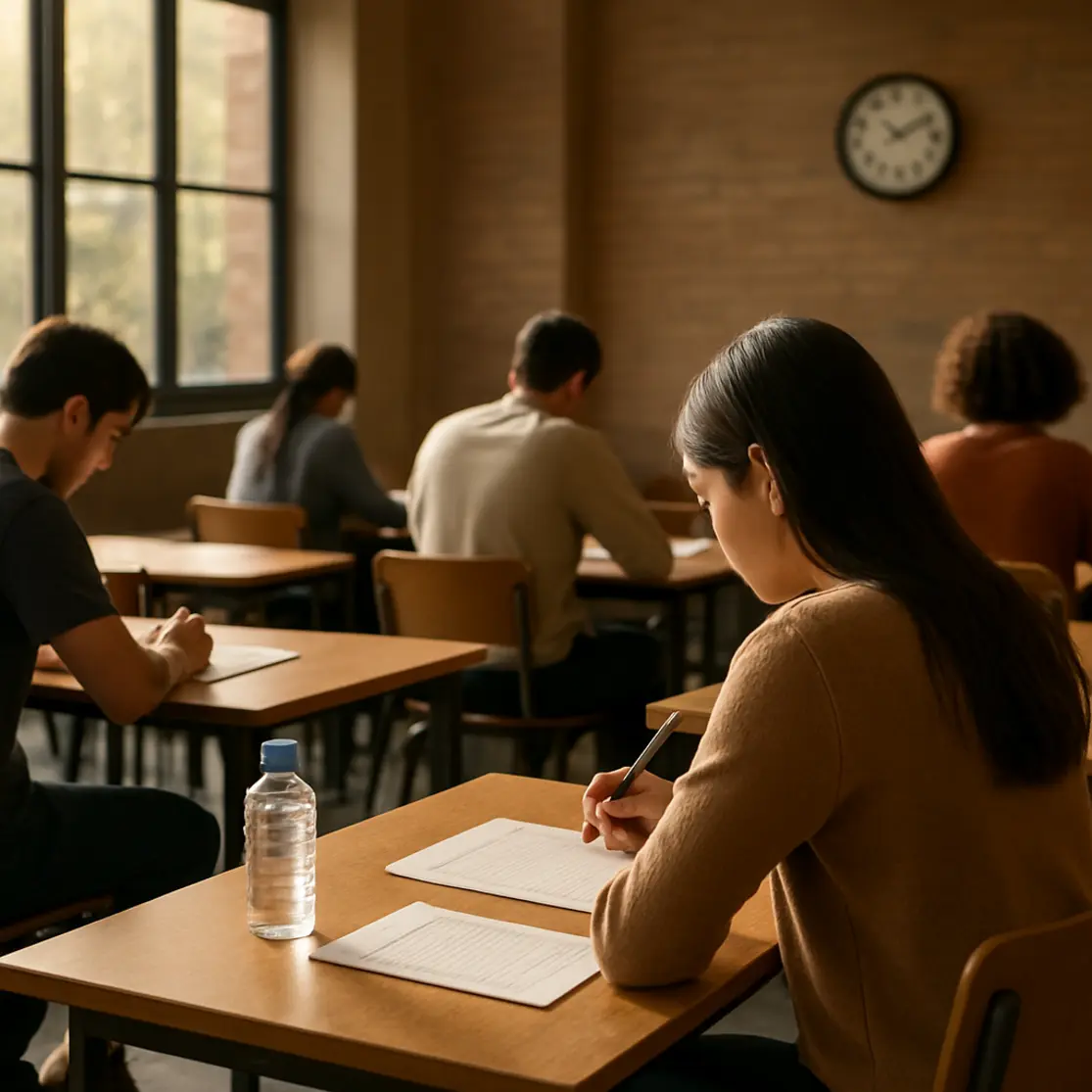 Sala de estudos coletiva com candidatos de costas, mesas e materiais de redação