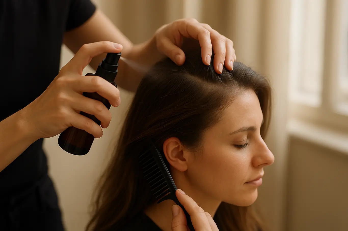 Cabeleireiro aplicando produto na raiz do cabelo de cliente em perfil 3/4, plano médio