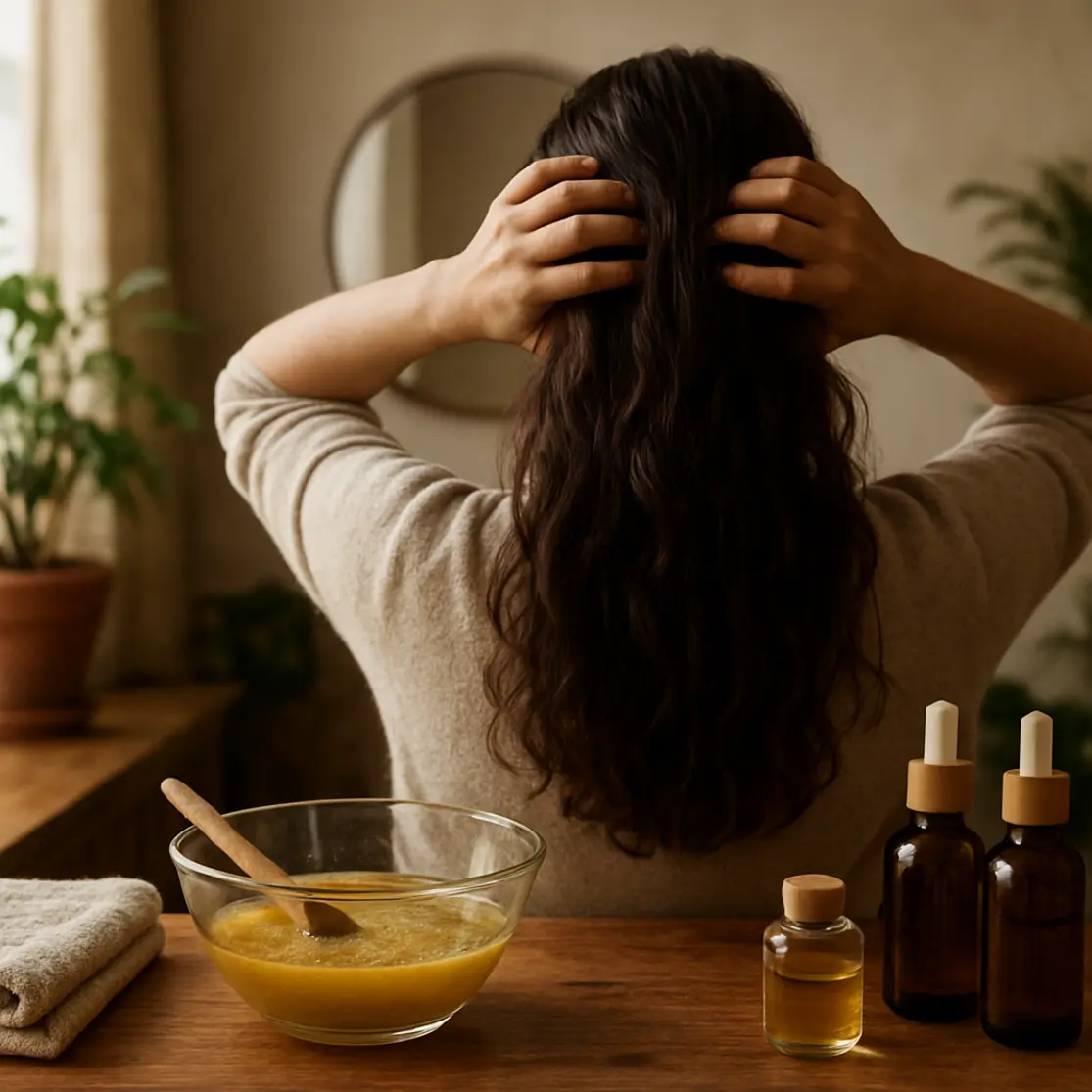 Cena doméstica com ingredientes naturais e mulher de costas aplicando tratamento no couro cabeludo, plano aberto